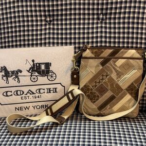 Coach signature  Brown and Cream “file” Patchwork crossbody Bag